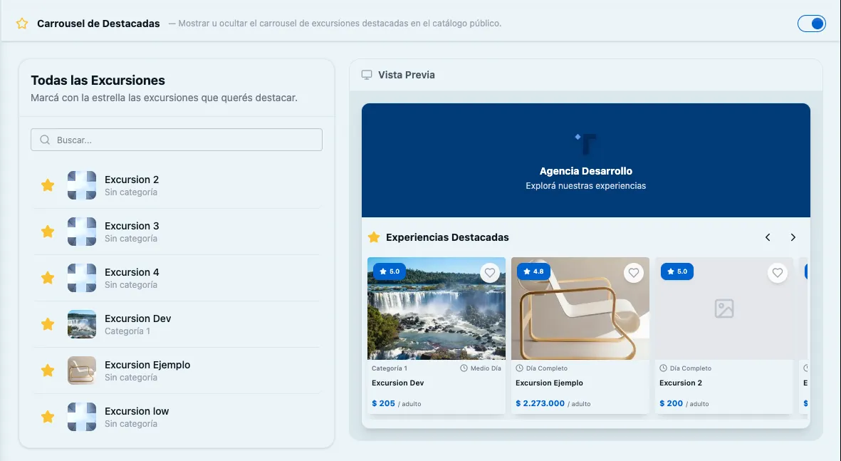 Panel de gestión del carrusel de experiencias destacadas