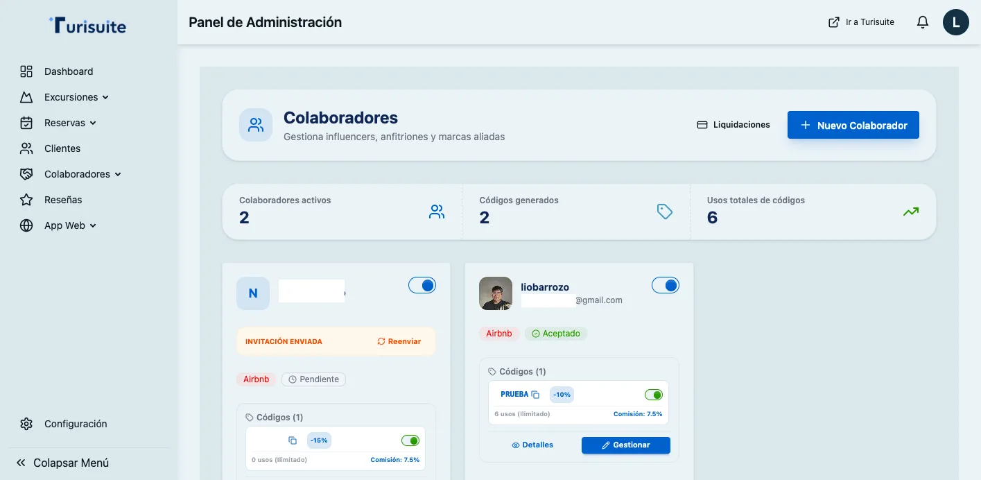 Tarjeta de colaborador con desglose de códigos activos