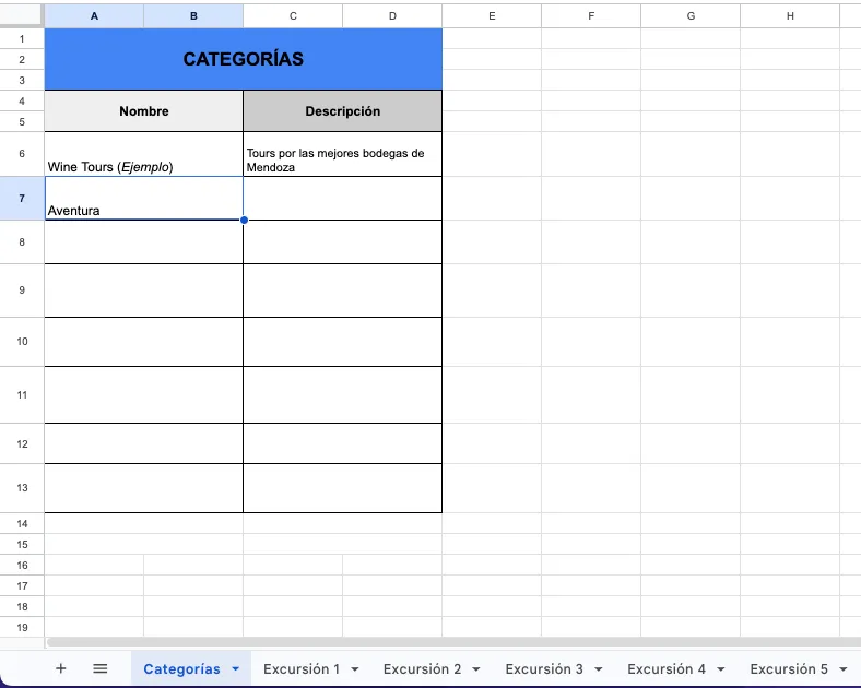Hoja de categorías del excel de carga inicial