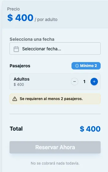 Vista del turista mostrando el mínimo de pasajeros requerido