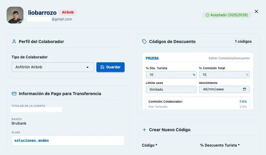Vista de detalle del colaborador con sus códigos