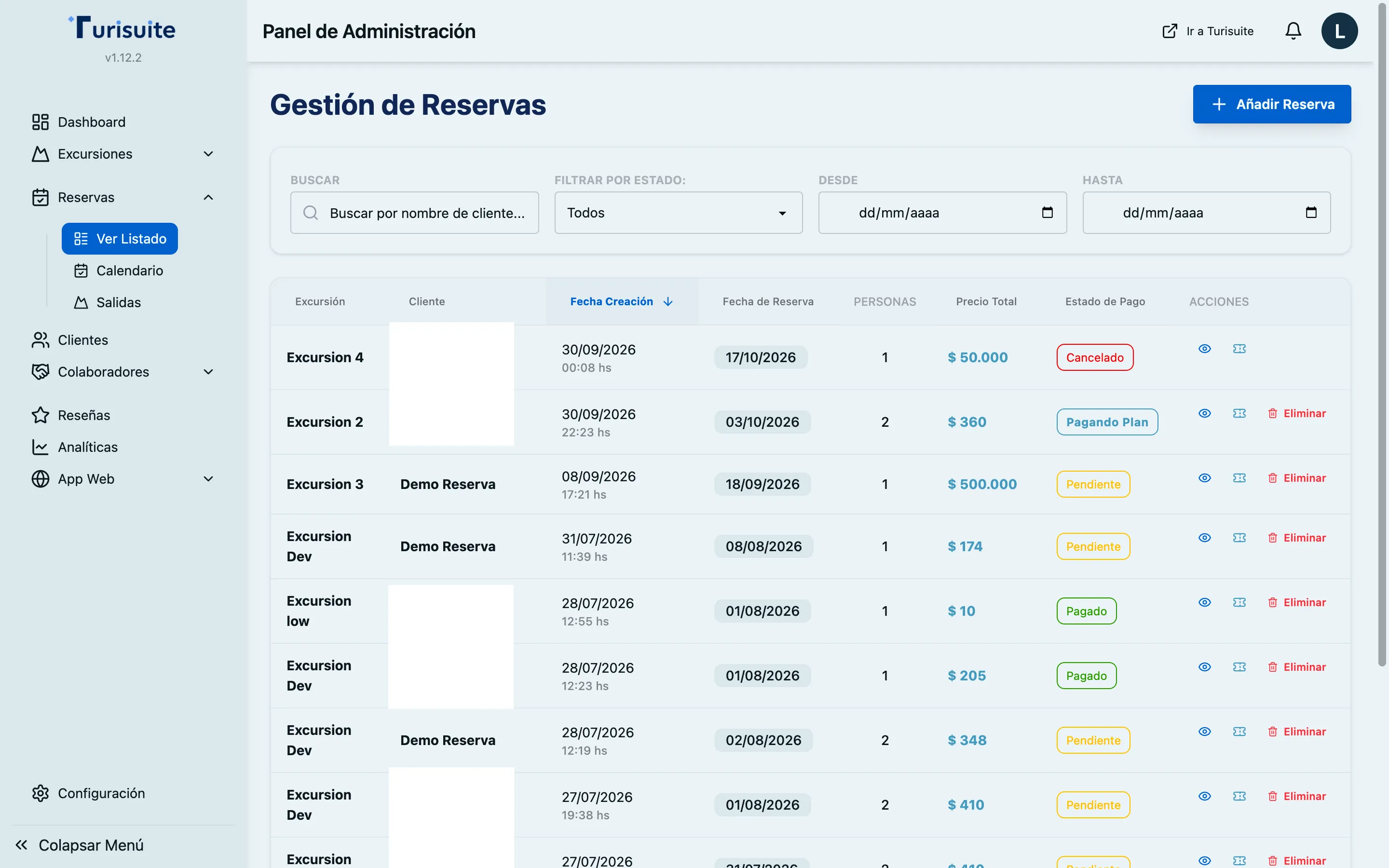 Listado de reservas en el panel de administración con estado Pagando Plan