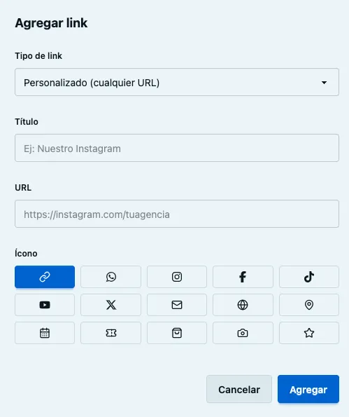 Modal para agregar un link personalizado
