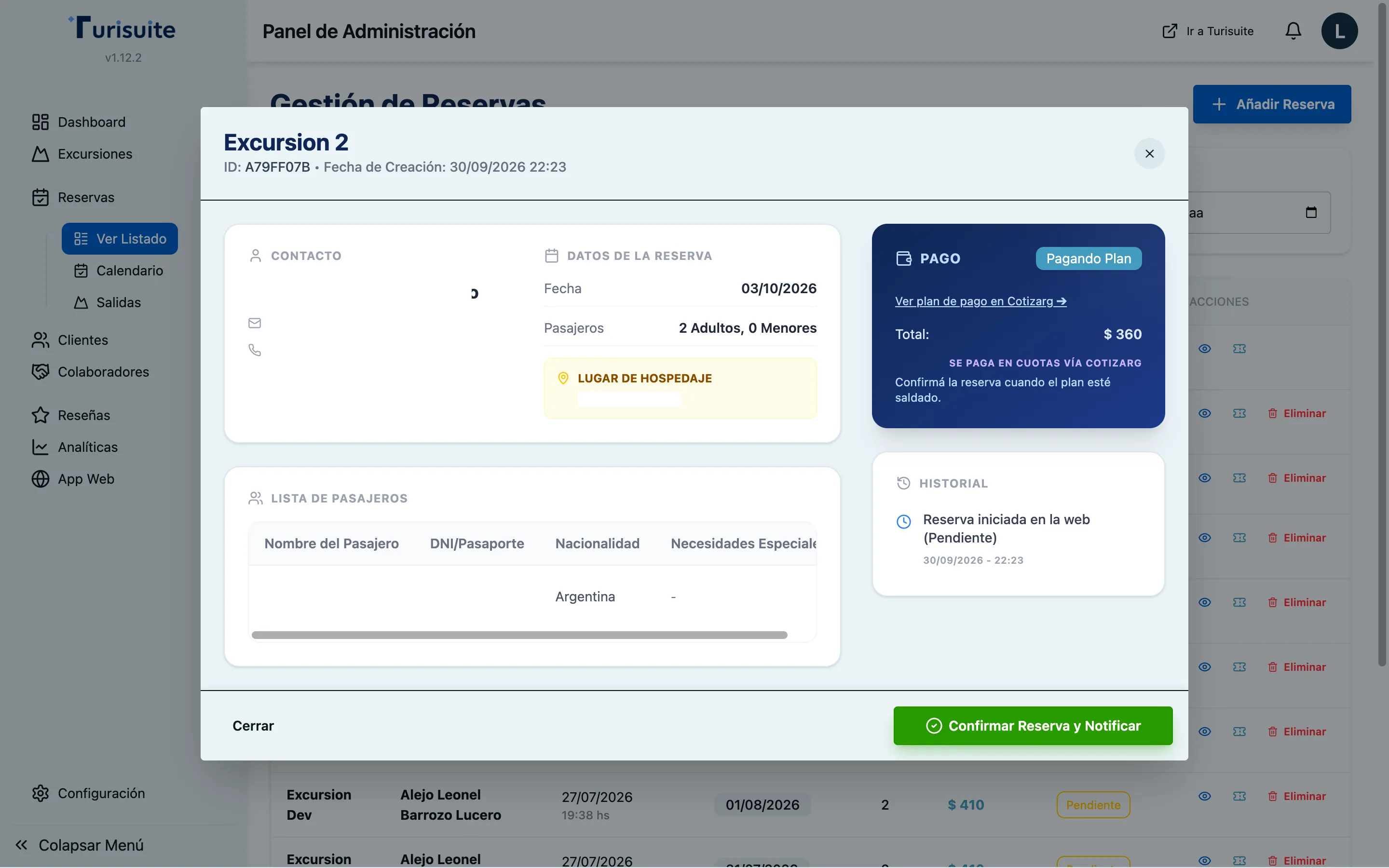 Modal de detalle de la reserva con plan de pago en curso y botón de confirmación