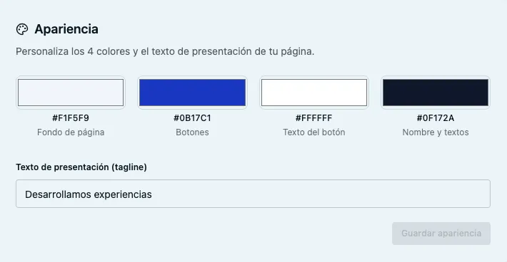 Sección de Apariencia con selectores de color