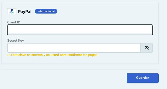 Sección de carga de Credenciales de PayPal